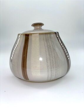 Denby Langley Truffle Multicolor Striped Stoneware Sugar Lidded Brown Cream Blue